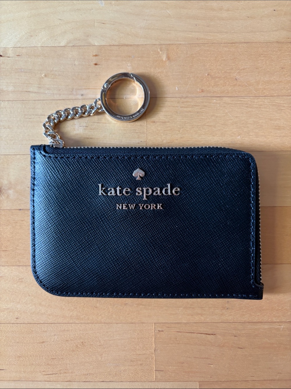 Kate Spade black leather zip card case with gold-tone keychain